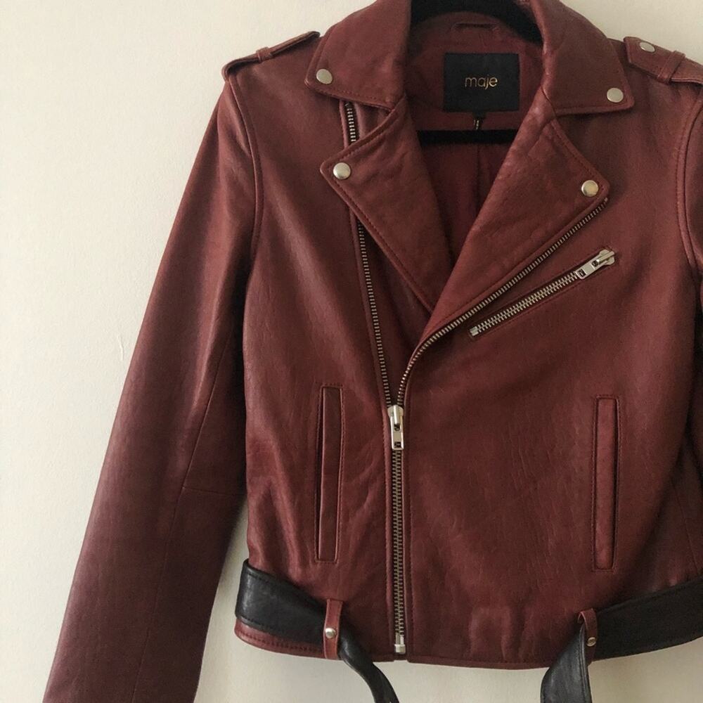Maje Red Lamb Leather Biker Jacket - Picture 4 of 8